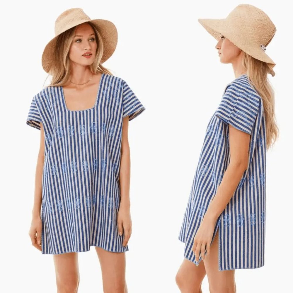 NWOT Tuckernuck Blue Stripe Mini Sullivan Embroidered Caftan Size Medium